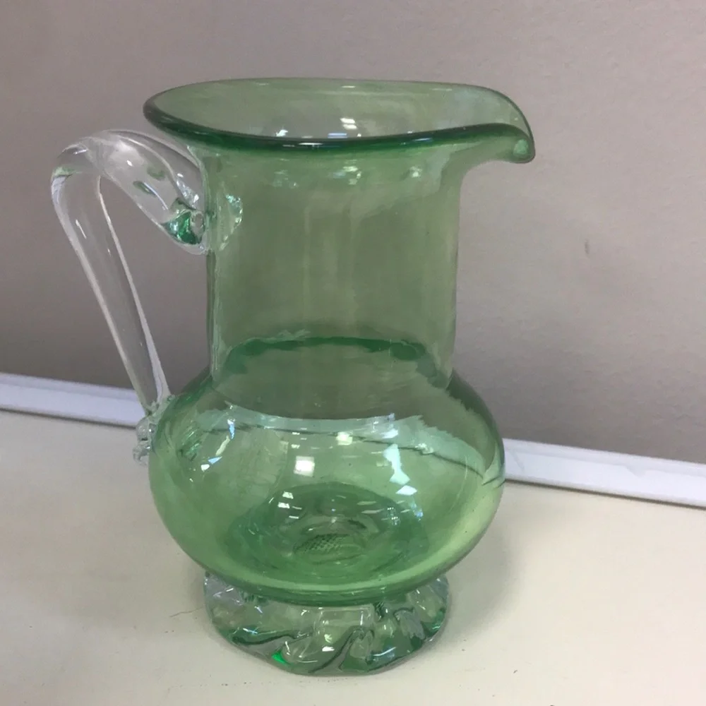 Vintage Signed Green Handblown Glass Pitcher w/ Applied‎ Clear Glass Handle&Base
